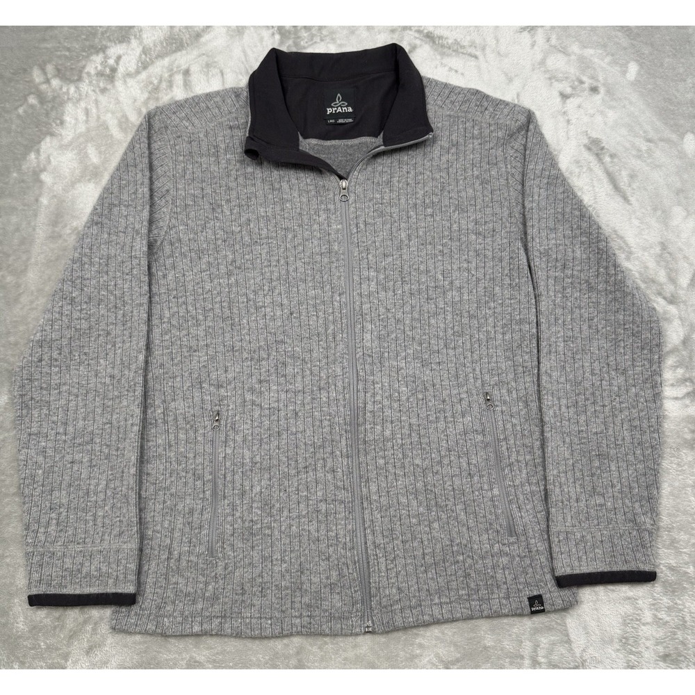 Prana Barclay Sweater Mens Large Gray Wool Full Zip Jacket Ribbed Outdoors